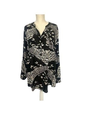 Vintage Y2K Calvin Klein Women's XL Black White Tropical Leaf Print Button-Up B